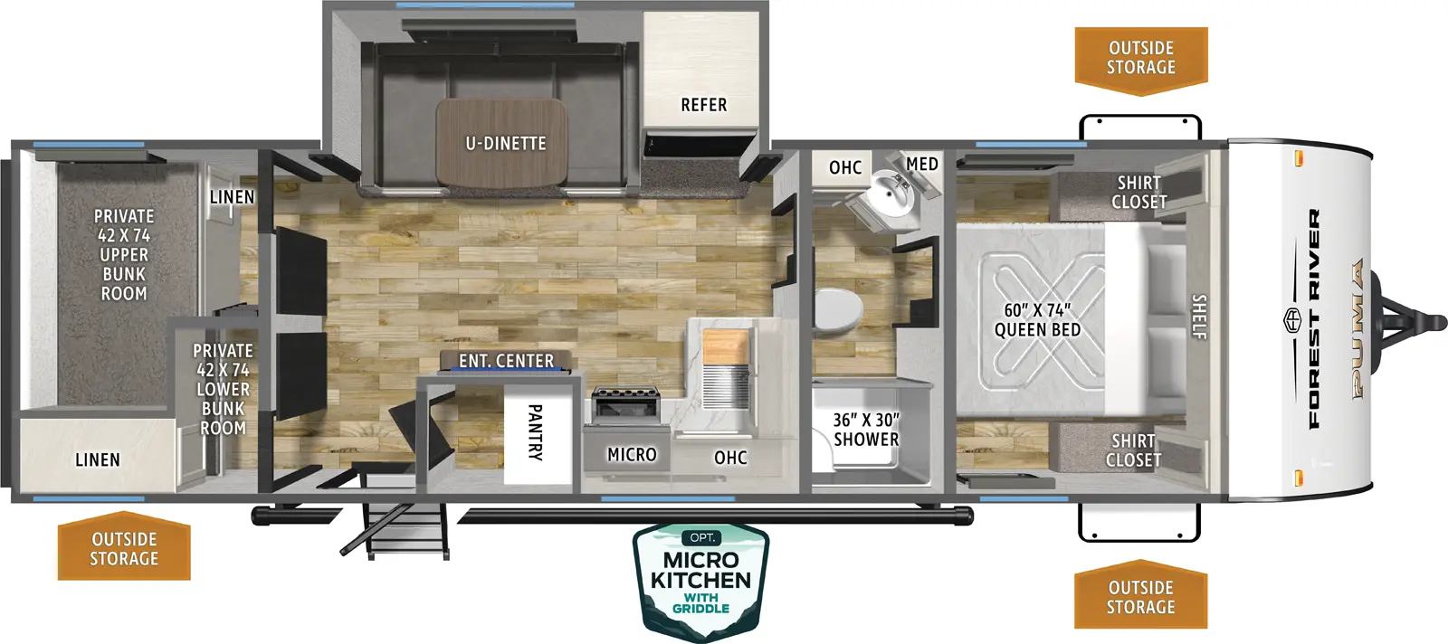 The Puma Camping Edition 263BHCE floorplan has one entry and one slide out. Exterior features include: metal exterior and outside kitchen. Interiors features include: bunk beds, u-dinette, front bedroom and pass through bathroom.